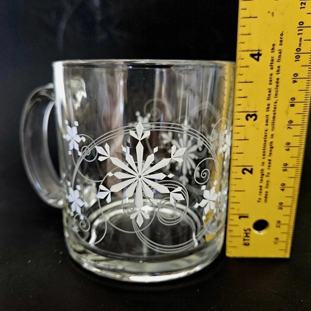 Crate & Barrel Clear Glass White Snowflake Winter Christmas Coffee Mugs USA set